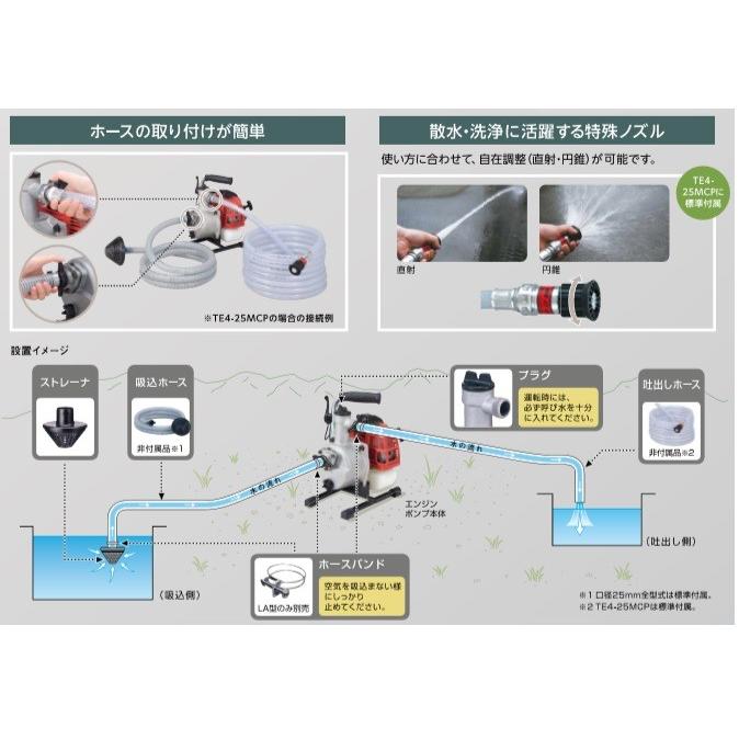 ツルミポンプ エンジンポンプ 小型 散水ホース8m自在ノズル付き TE4