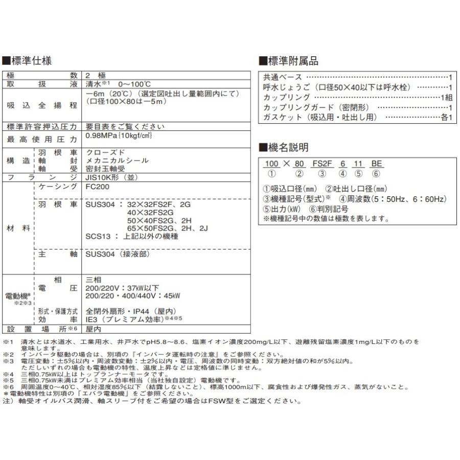 エバラポンプ 渦巻ポンプ 50×40FS2F51.5E 50HZ/200V モーター無/2極 循環ポンプ 給水ポンプ_1