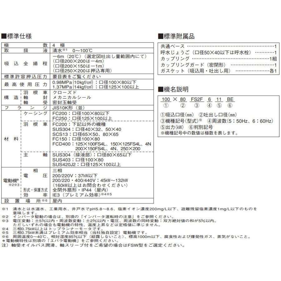 エバラポンプ 渦巻ポンプ 65×50FS4H51.5E 50HZ/200V モーター付/4極 循環ポンプ 給水ポンプ_1