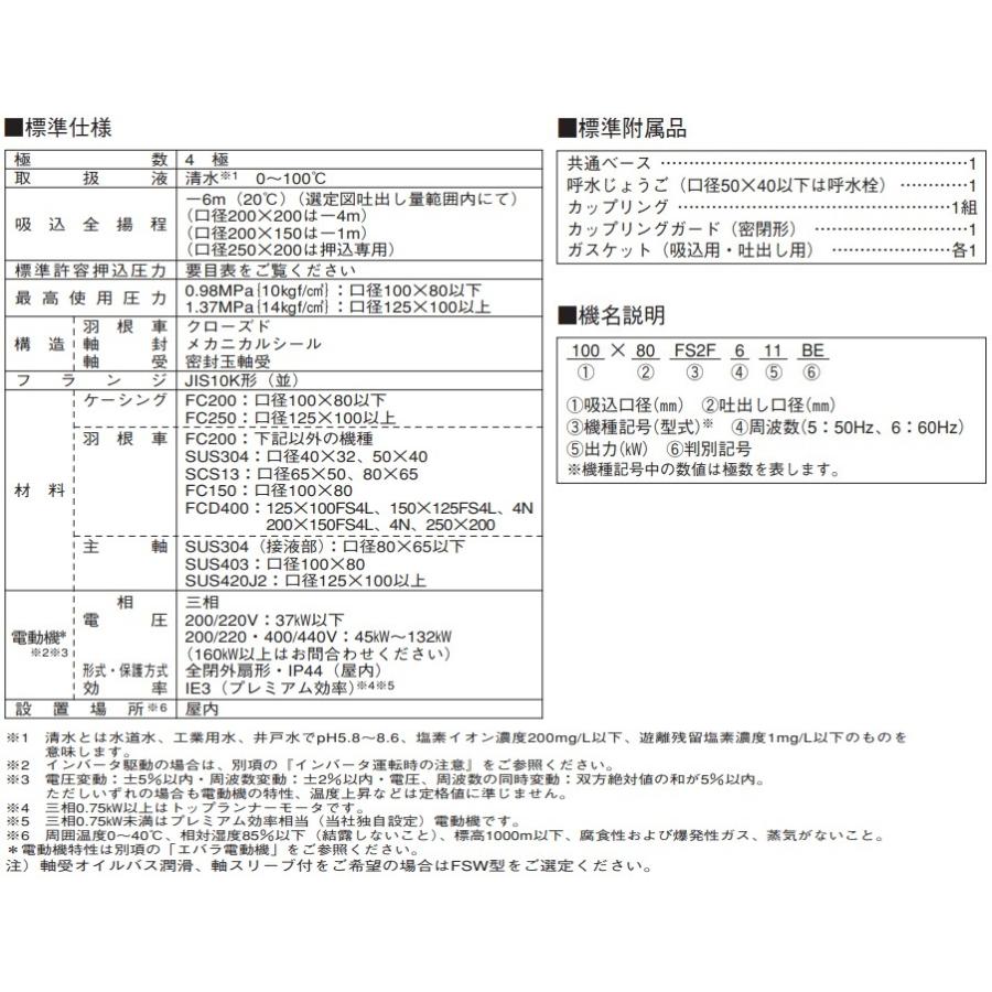 エバラポンプ 渦巻ポンプ 100×80FS4H67.5E 60HZ/200V モーター付/4極