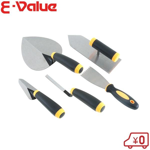 鏝セット　５丁　レンガコテ　目地　中塗　柳刃　コテサイズ変更有り E-Value 左官鏝 5点セット ステンレス製 左官道具 土間 こて コテ 中塗
