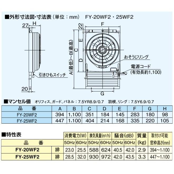 パナソニック 窓用換気扇 FY-25WF2 羽根25cm 延長パネルFY-WJ251セット 窓枠用｜ssnet｜02