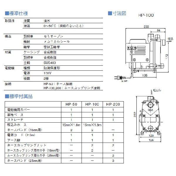 寺田　循環ポンプ　小型　HP-100　排水ポンプ　ハンディーポンプ　給水ポンプ　池用循環ポンプ　家庭用　自吸式ポンプ