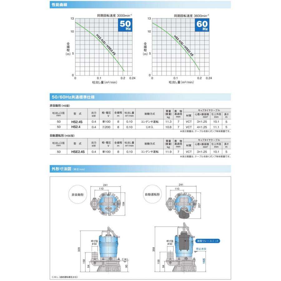 ツルミ　水中ポンプ　100V　工事用ポンプ　雨水　業務用　強力　HSE2.4S　2インチ　50mm　汚水ポンプ　排水ポンプ　泥水ポンプ　自動型　土砂水