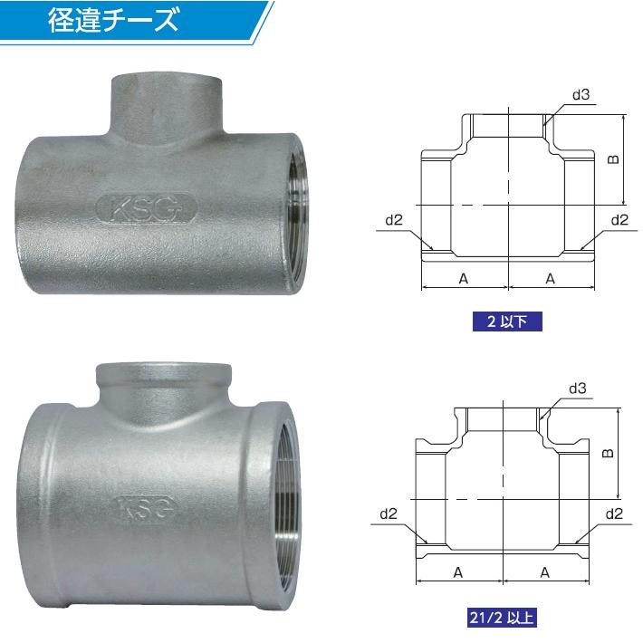 KSG ステンレス製 配管接手 異径チーズ 32A×25A/20A/15A/10A