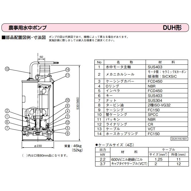 川本ポンプ 水中ポンプ 200V 農業用 揚水ポンプ DUH806-3.7 80mm 川本ポンプ 水中ポンプ 200V 農業用 揚水ポンプ DUH806-3.7 80mm