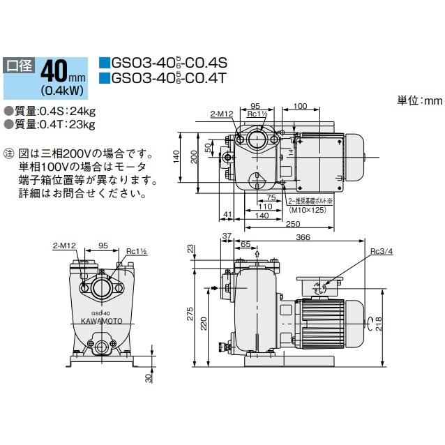 川本ポンプ 自吸式渦巻ポンプ GSO3-405-C0.4T/GSO3-406-C0.4T 200V 