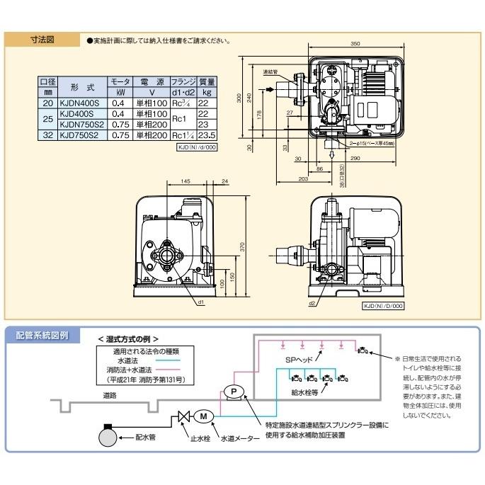 川本ポンプ 加圧ポンプ 給水補助加圧装置 KJD400S 100V 0.4kw 25mm