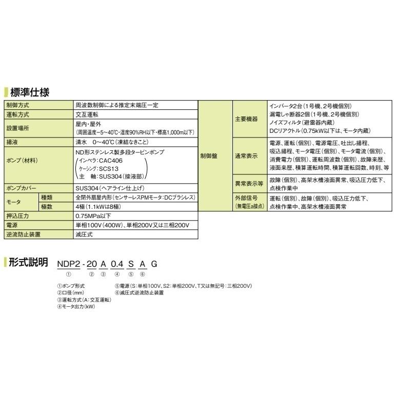 川本ポンプ ブースタポンプ 直結給水用 給水ポンプ NDP2-25A0.4SAG 単