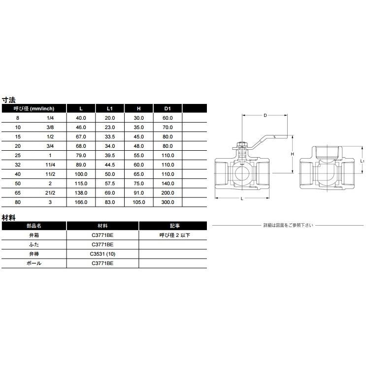 KITZ ボールバルブ 三方 黄銅 400型/TN-32A 32mm キッツ ボール弁 配管部品 継手金具｜ssnet｜02