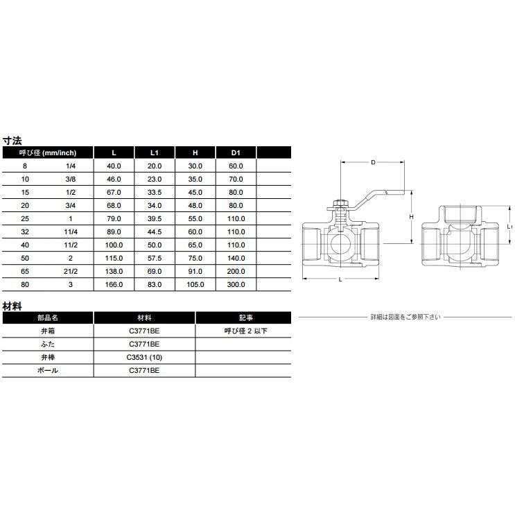 KITZ ボールバルブ 三方 黄銅 400型/TN-65A 65mm キッツ ボール弁 配管