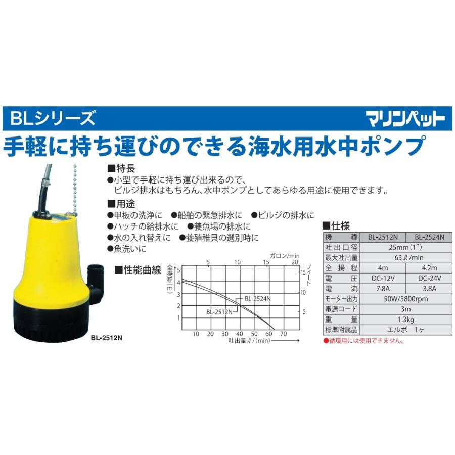 工進 水中ポンプ 小型 12V 海水用 排水ポンプ BL2512N マリンペット