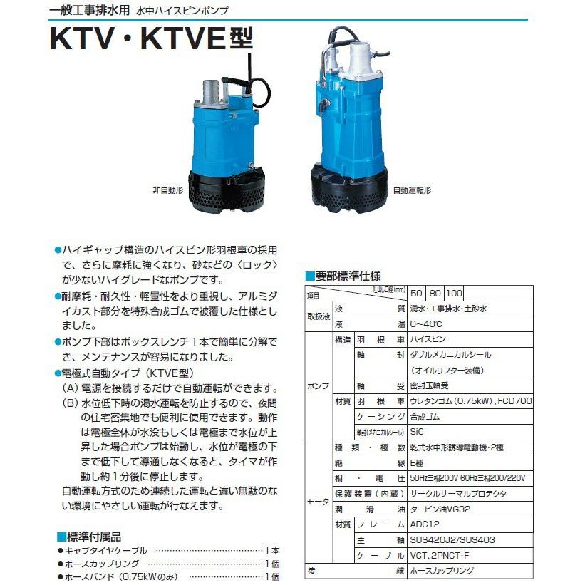 ツルミ　水中ポンプ　200V　KTV2-22　汚水土砂水　大型　工事用ポンプ　排水ポンプ　2インチ