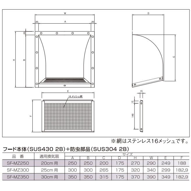 KGY 換気扇フード 屋外 ステンレス 防虫網付 羽根径200mm 開口250mm