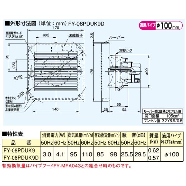 パナソニック 浴室用換気扇 お風呂 浴室用 パイプファン Φ100 速決端子付 FY-08PDUK9D 角形格子ルーバー｜ssnet｜02