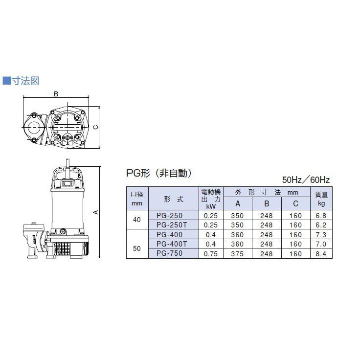 決算大特価セール 寺田ポンプ 水中ポンプ 200V 汚水用 排水ポンプ PG-750 0.75KW 50mm 2インチ 浄化槽ポンプ 給水ポンプ 農業用ポンプ 放流ポンプ