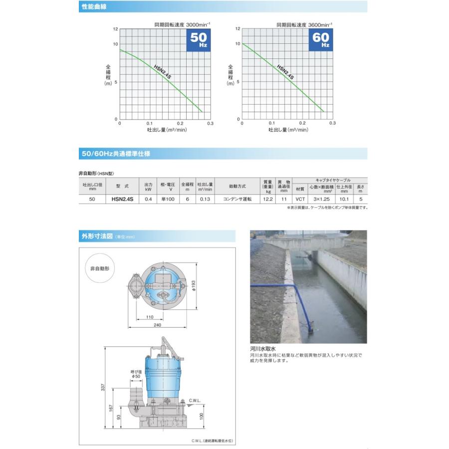 ツルミ　排水ポンプ　業務用　2インチ　100V　50mm　土木用ポンプ　強力　水中ポンプ　HSN2.4S　土砂水　工事　湧水ポンプ　工事用ポンプ