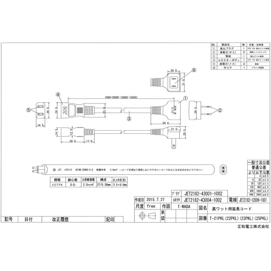 ヒーター用電源1m コンセント HKC2730PT 接地形2P 30A 125V (NEMA L5-30) 1Uコンセントバー