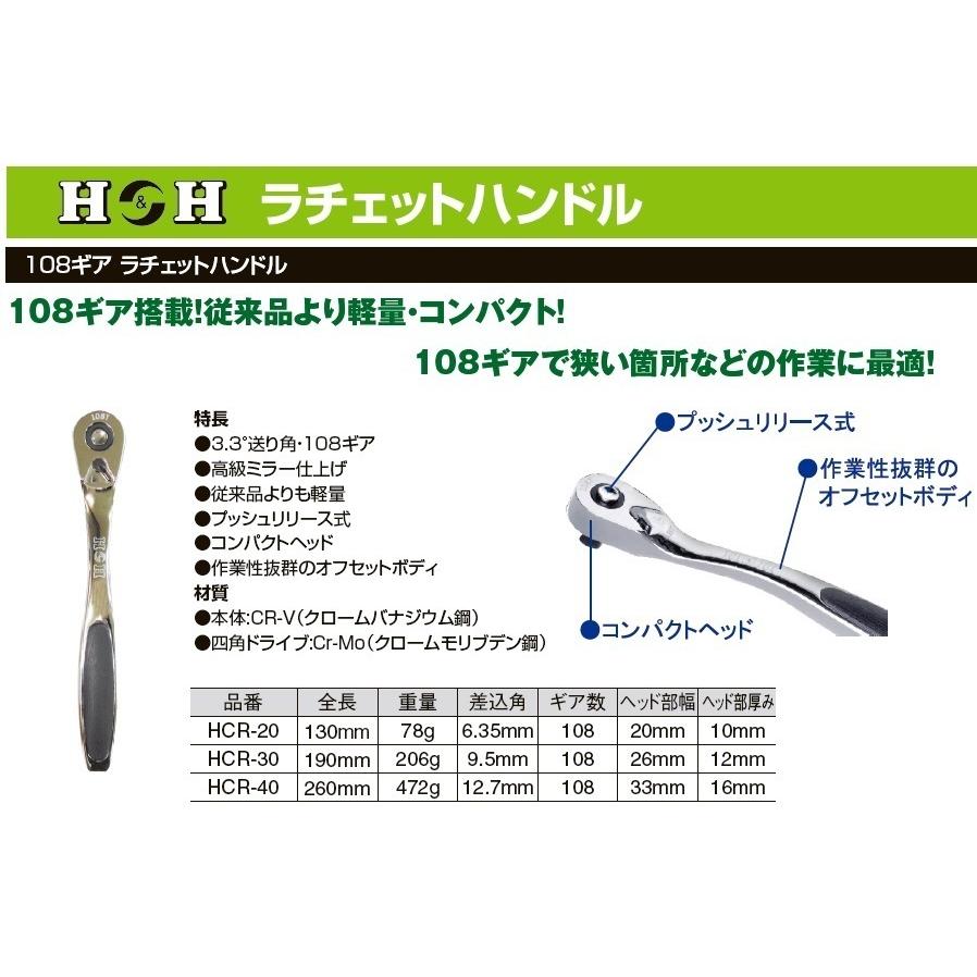 H&H ラチェットハンドル 1/2 108ギア 12.7mm HCR-40 ソケットハンドル 軽量 コンパクト 小型 ラチェットレンチ ソケットレンチ｜ssnet｜06