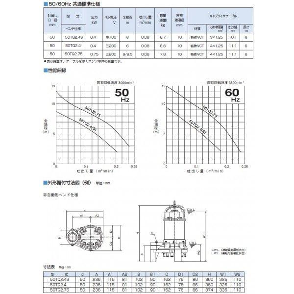 ツルミポンプ 水中ポンプ 化学汚水用チタンポンプ 50TQ2.75 200V 口径：50mm｜ssnet｜03