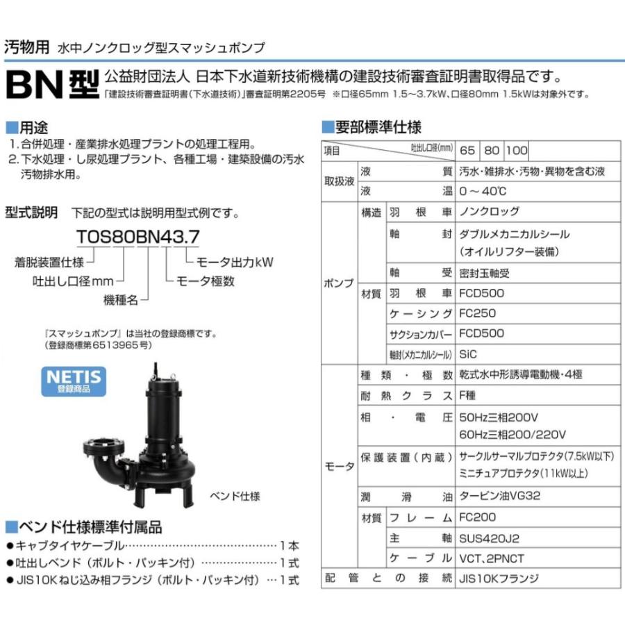 ツルミポンプ 水中ポンプ 200V ノンクロッグスマッシュポンプ 65BN41.5