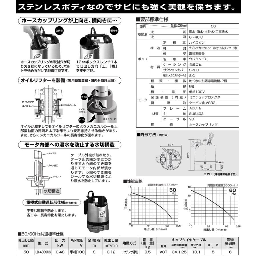 ツルミポンプ ツルミ 水中ポンプ 100V 50mm 480w ステンレス製 ツルミポンプ ツルミ 水中ポンプ 100V 50mm 480w ステンレス製