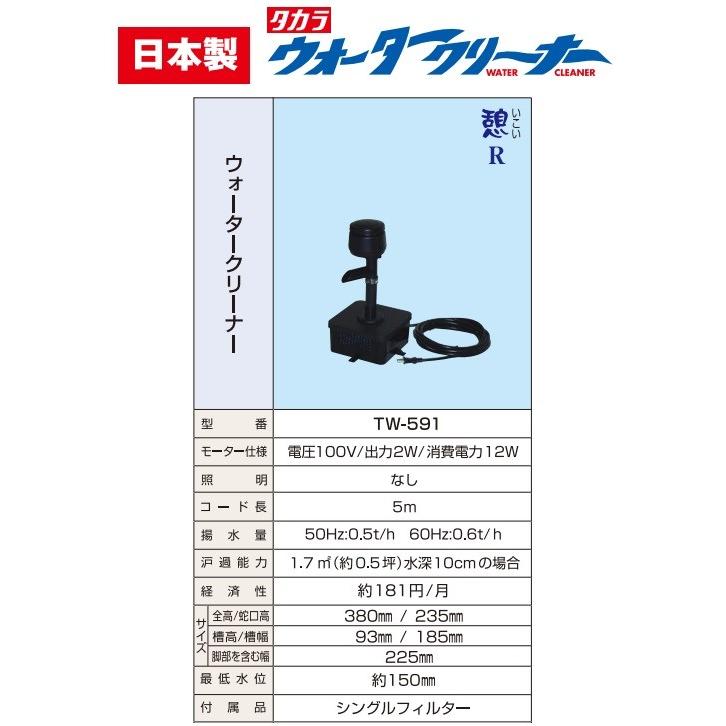 タカラ工業 池ポンプ ウォータークリーナー 憩R TW-591 循環ポンプ 池用 ろ過装置 家庭用｜ssnet｜02