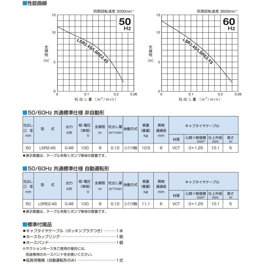 ツルミ 排水ポンプ 残水ポンプ 低水位 LSRE2.4S 100V 50Hz 2インチ
