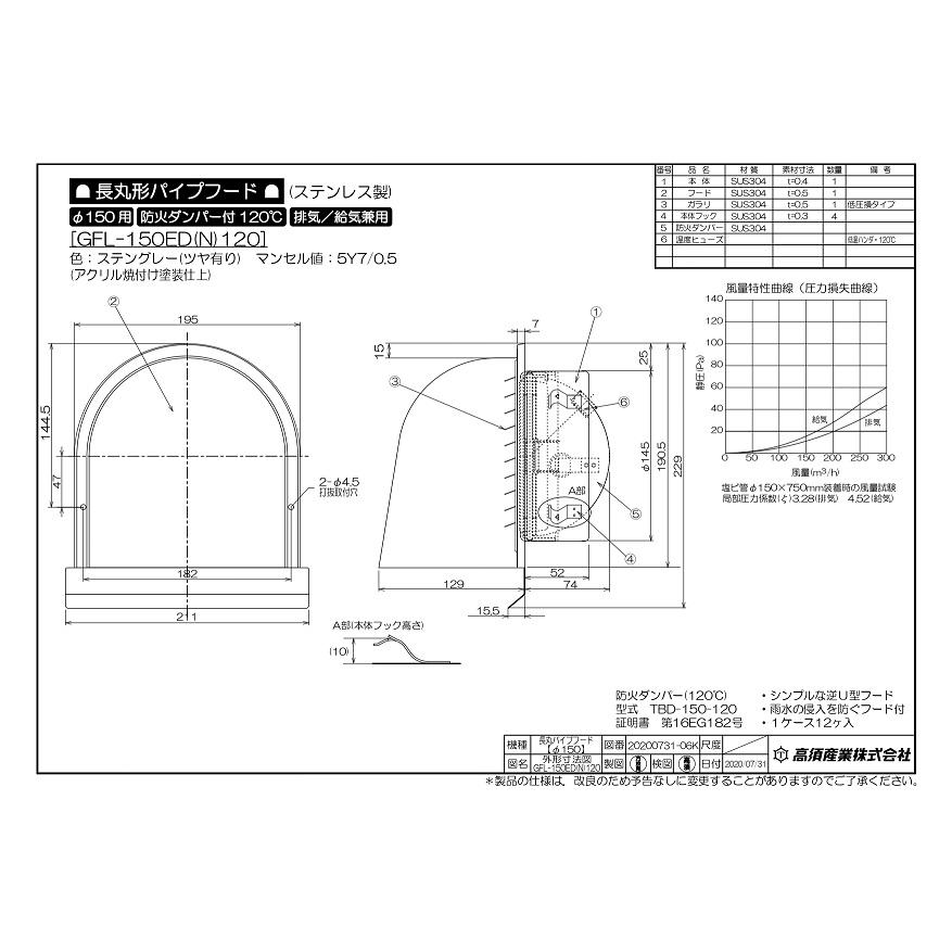 高須 換気扇フード GFL-150ED120 150φ 防火ダンパー付 パイプフード