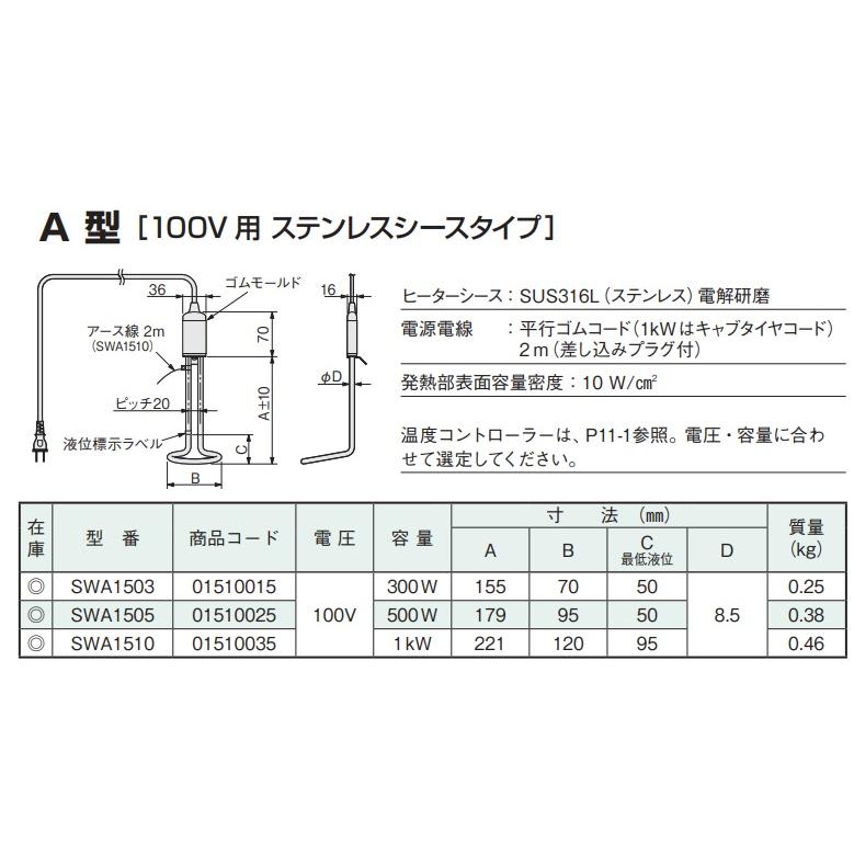 八光電機 投げ込みヒーター 水用 100V 1000w SWA1510 投込みヒーター