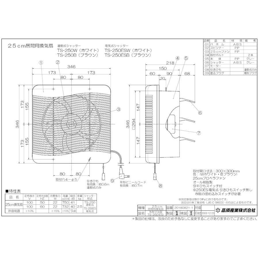 高須 換気扇 羽25cm 埋込30cm TS-250ESB 電気式シャッター形