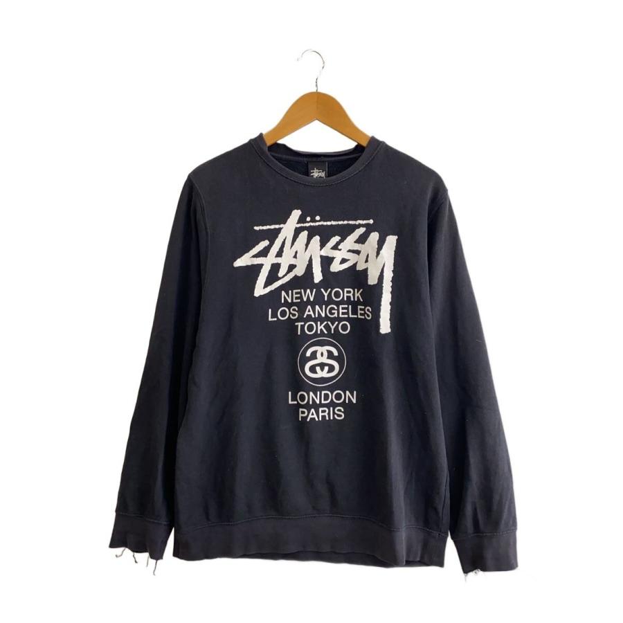 STUSSY◇スウェット/M/コットン/BLK/袖ダメージ有/USA製/ツアー