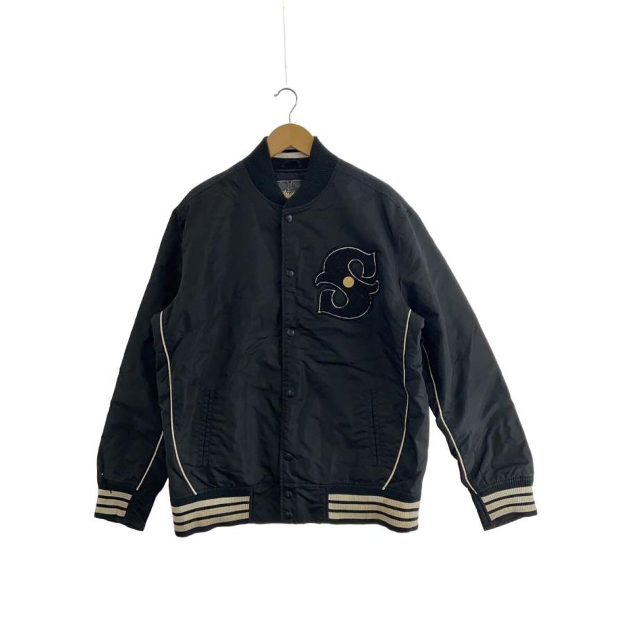 STUSSY◇スタジャン/L/ナイロン/BLK/背タグ取れかけ/右袖破れ穴あき/毛 