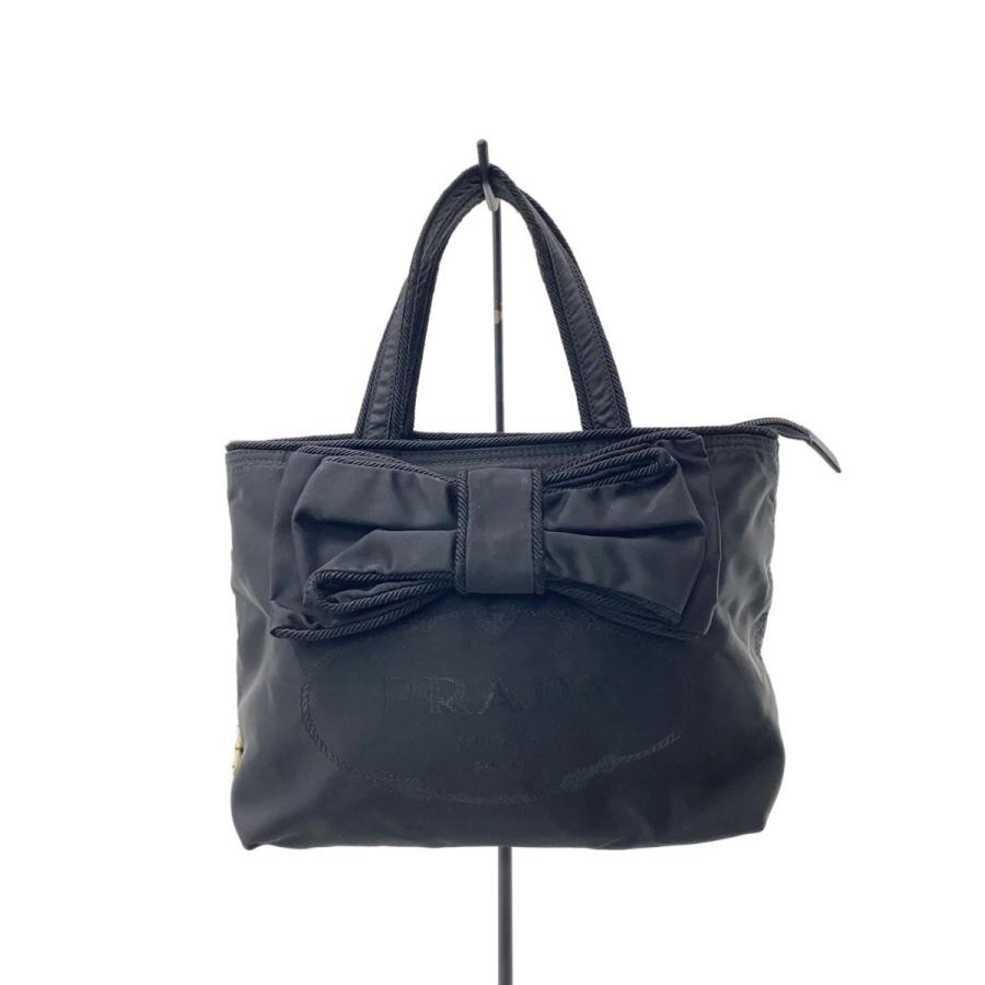 PRADA◇リボン/2way/表面と持ち手に汚れ有/ハンドバッグ/ナイロン/BLK