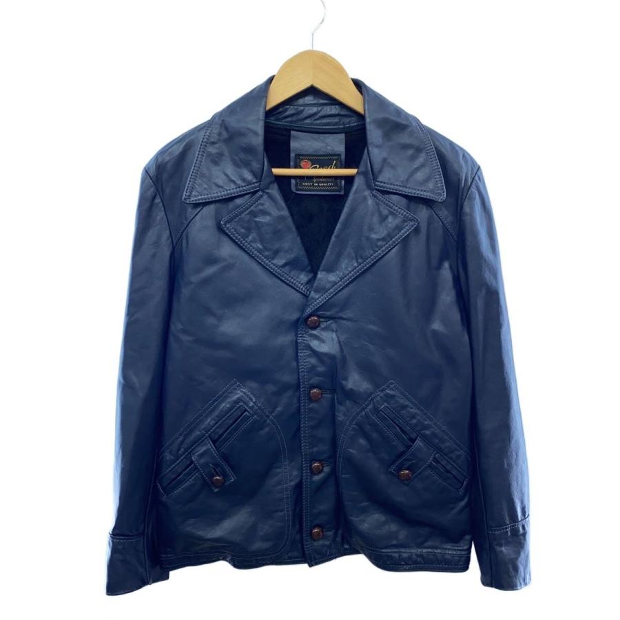70s/テーラードレザージャケット/ライナー付/くるみボタン/レザー/NVY
