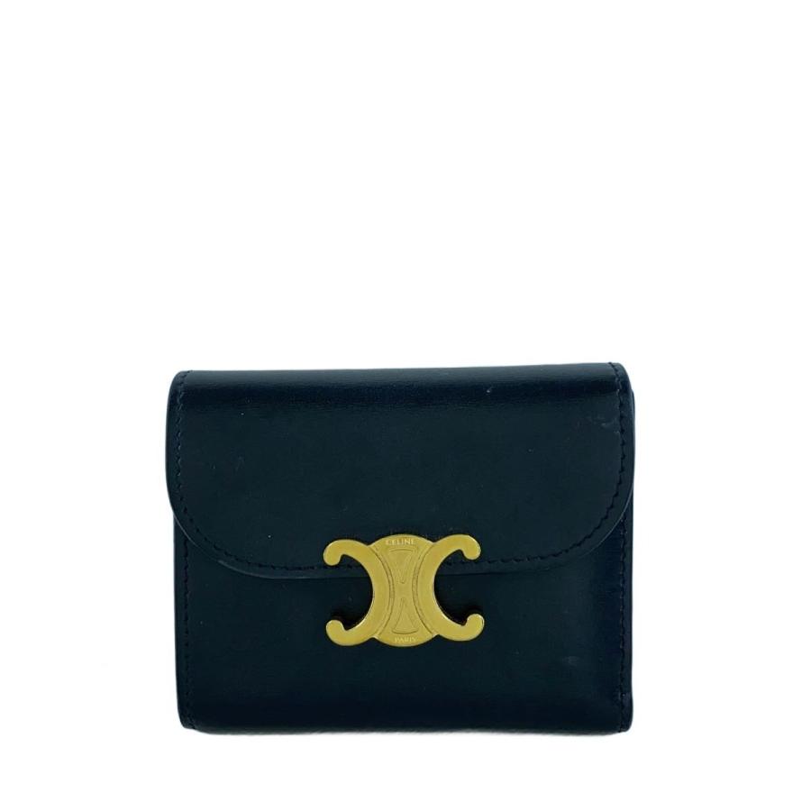 CELINE◇トリオンフ/3つ折り財布/レザー/BLK/レディース/10I65/傷有