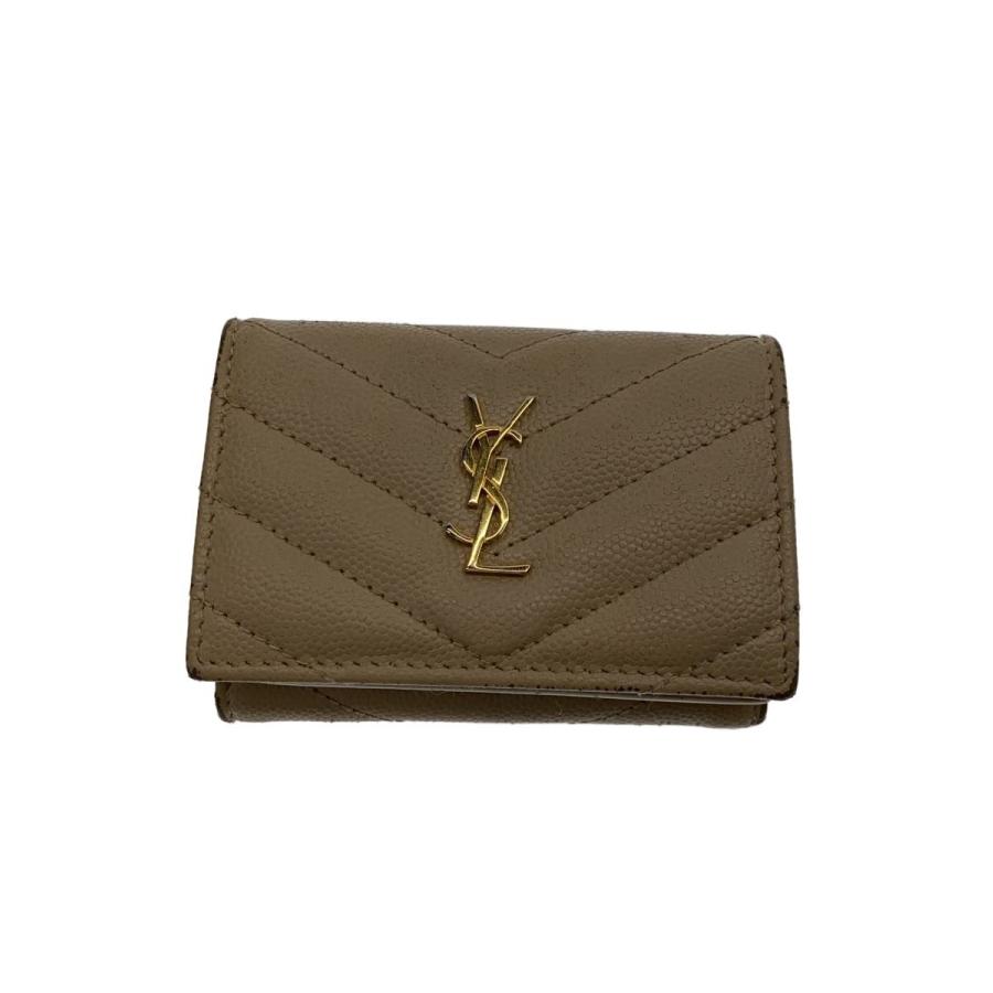 SAINT LAURENT◇タイニー/キルティング/財布/レザー/BEG/レディース