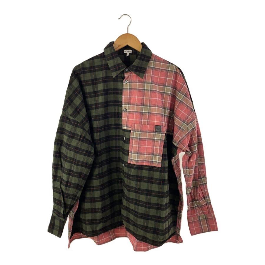 LOEWE◇22SS/アナグラムレザーパッチ長袖チェックシャツ/40/コットン