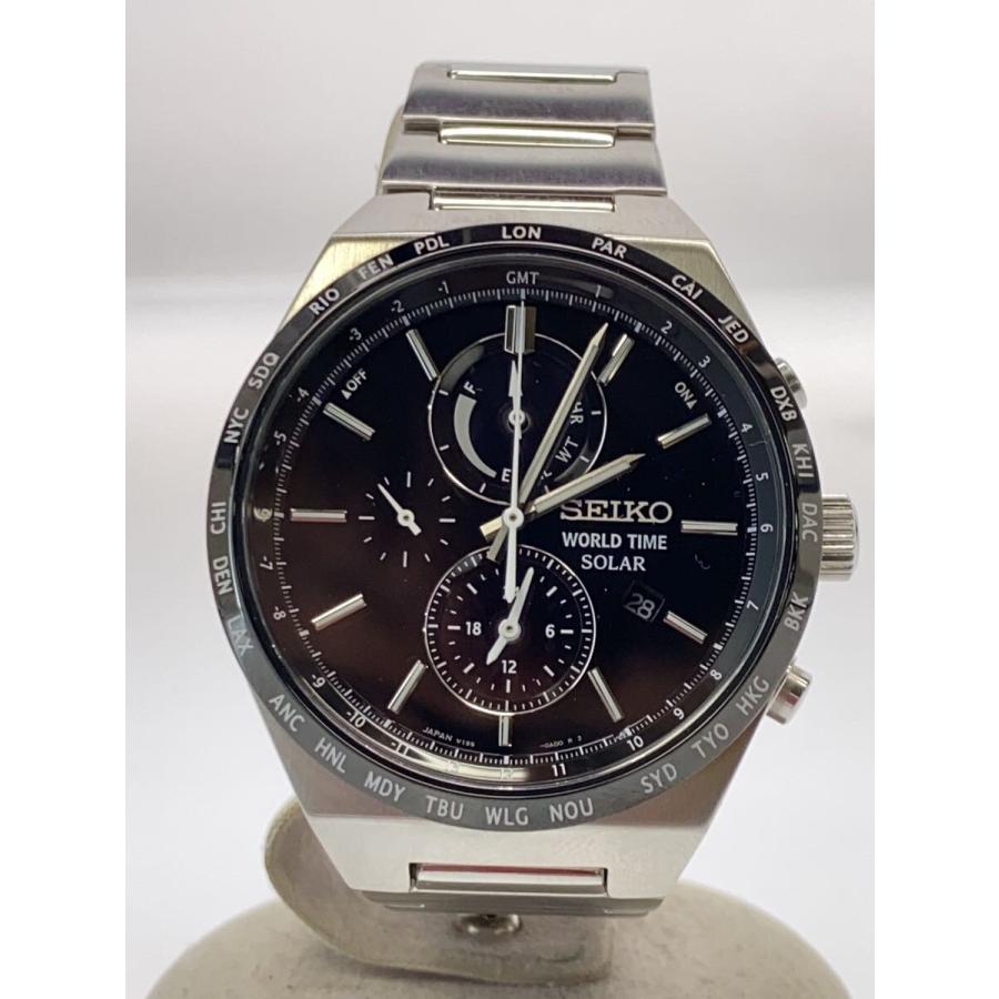 【稼働品】セイコー ワールドタイム ソーラー V195 メンズ 腕時計 SEIKO◇ソーラー腕時計/アナログ/ステンレス/BLK/SLV/V195-0AE0