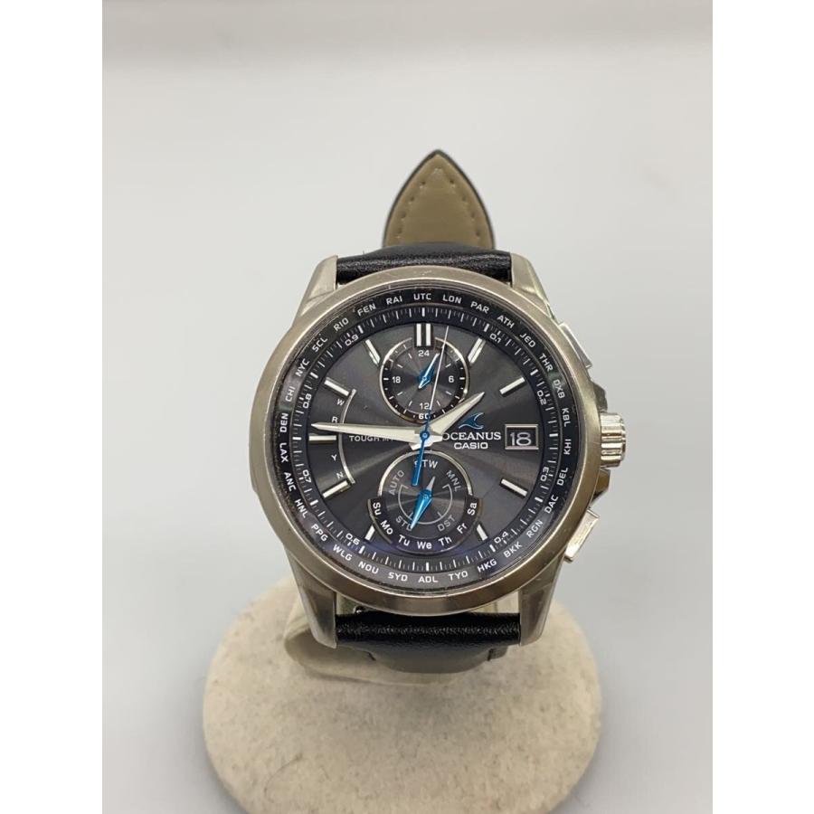 CASIO◇ソーラー腕時計・OCEANUS/アナログ/レザー/SLV/BLK : セカンド