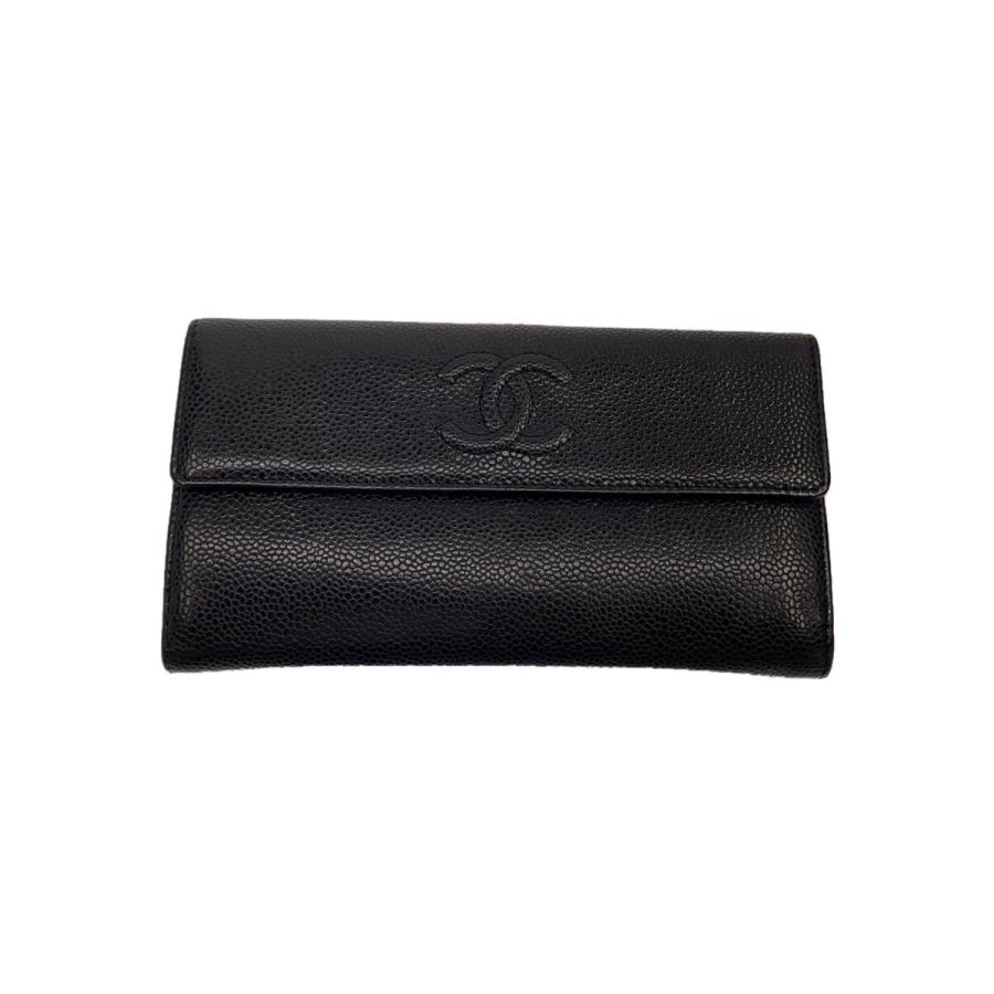 CHANEL◇キャビアスキン/タイムレスCC/長財布/レザー/BLK/レディース