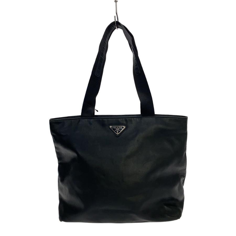 PRADA◇トートバッグ/レザー/BLK/トライアングルロゴ// : セカンド