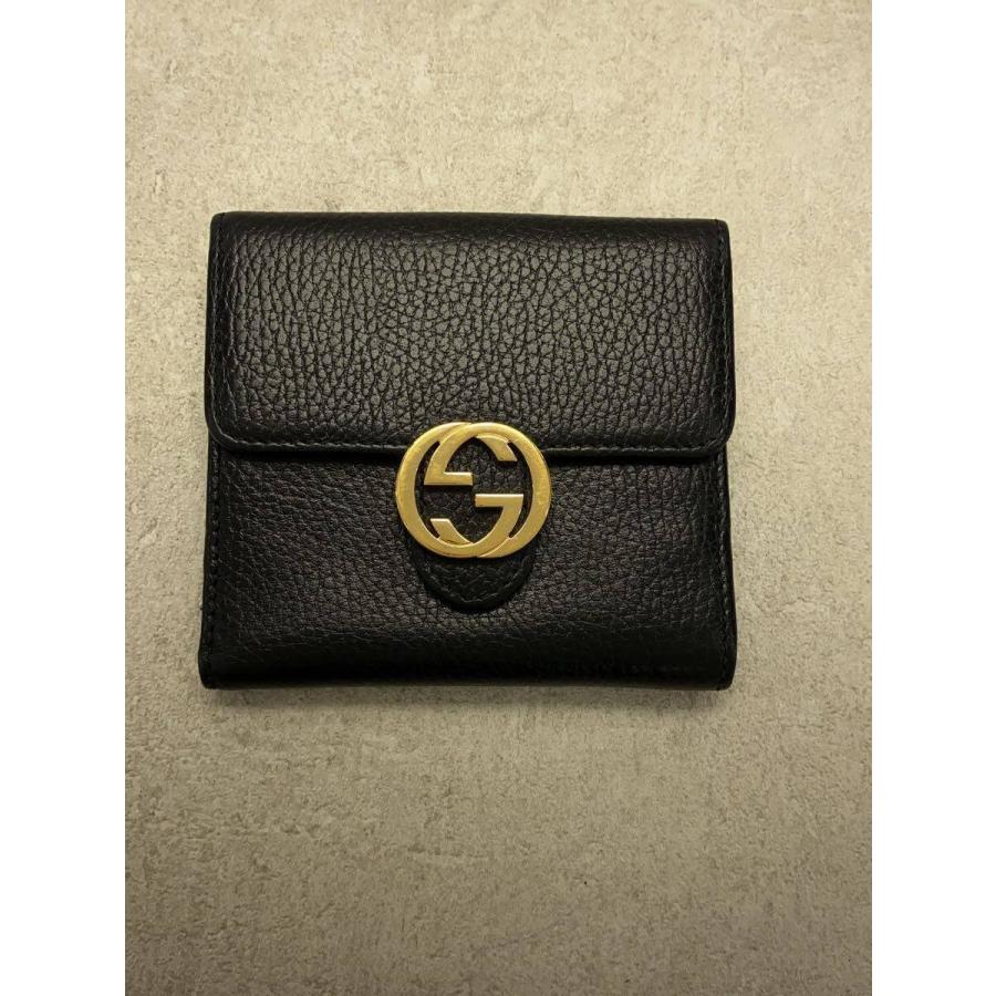 GUCCI◇2つ折り財布_インターロッキングG_レザー_ブラック/レザー/BLK