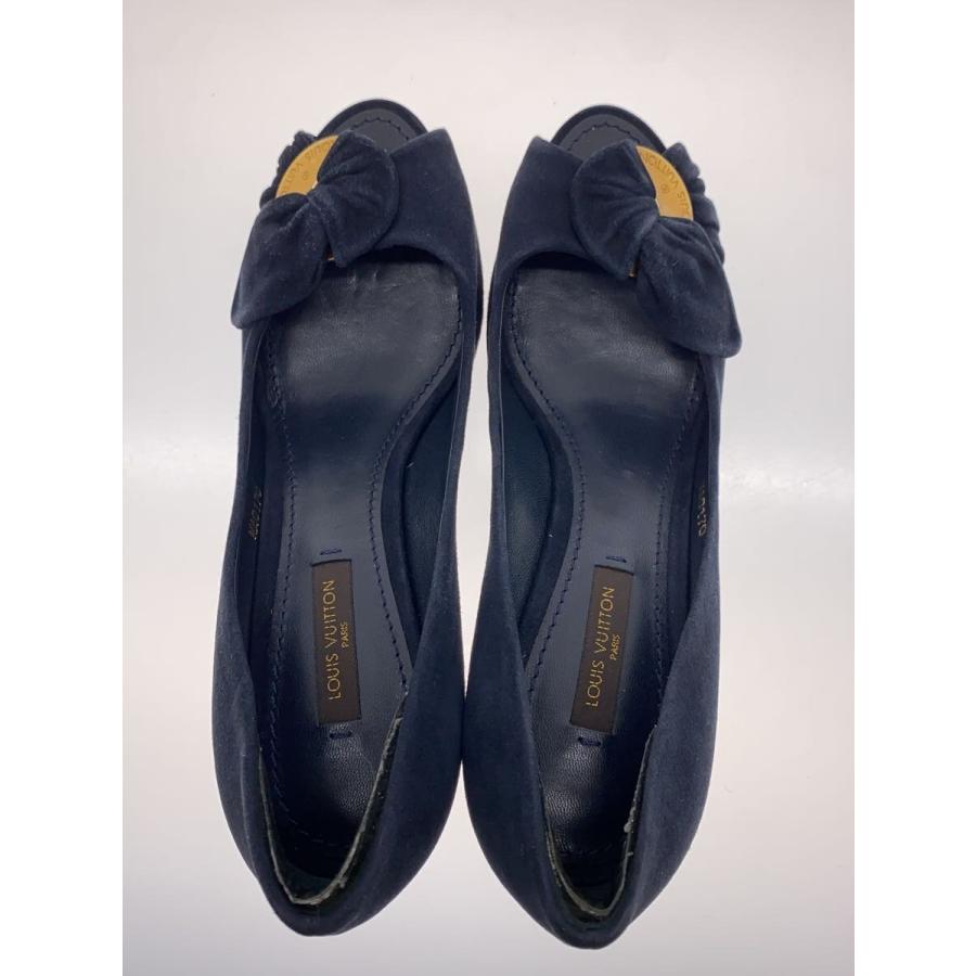 LOUIS VUITTON / オープントゥリボンロゴプレートパンプス/35.5/NVY/スウェード LOUIS VUITTON◇オープントゥリボンロゴプレートパンプス/35.5/NVY