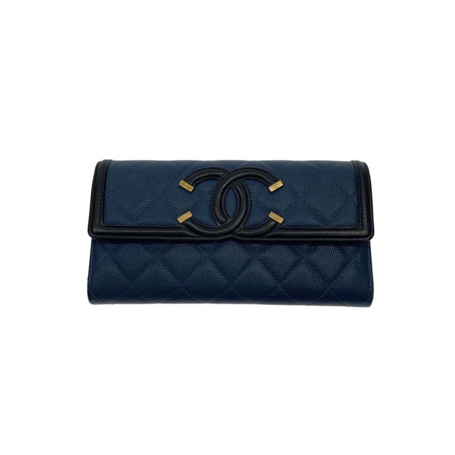 CHANEL ネイビー 長財布　キャビアスキン CHANEL◇長財布/レザー/ネイビー/レディース/CCフィリグリー/キャビア