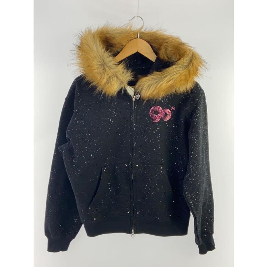 9090◇90 Logo Glitter Fur Zip Hoodie/ジップパーカー/M/コットン/BLK 