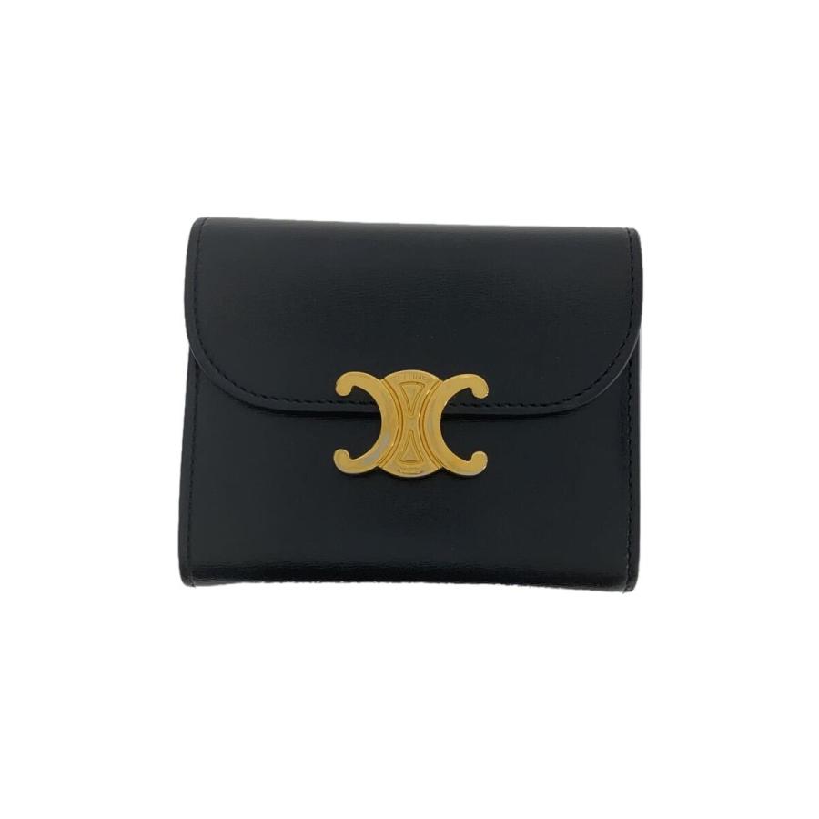 CELINE◇トリオンフスモールウォレット/3つ折り財布/レザー/BLK/無地