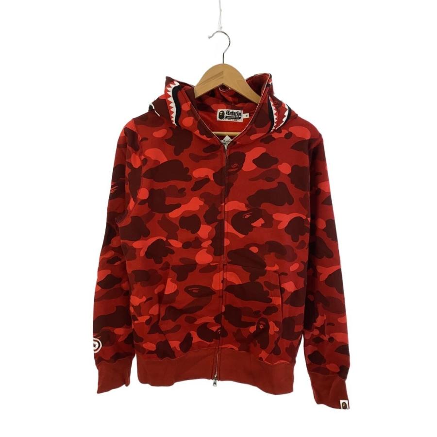 ★大人気★Bathing ape エイプシャークフードレッドパーカー A BATHING APE◇シャークパーカー/M/コットン/RED/総柄/001ZPK201007M