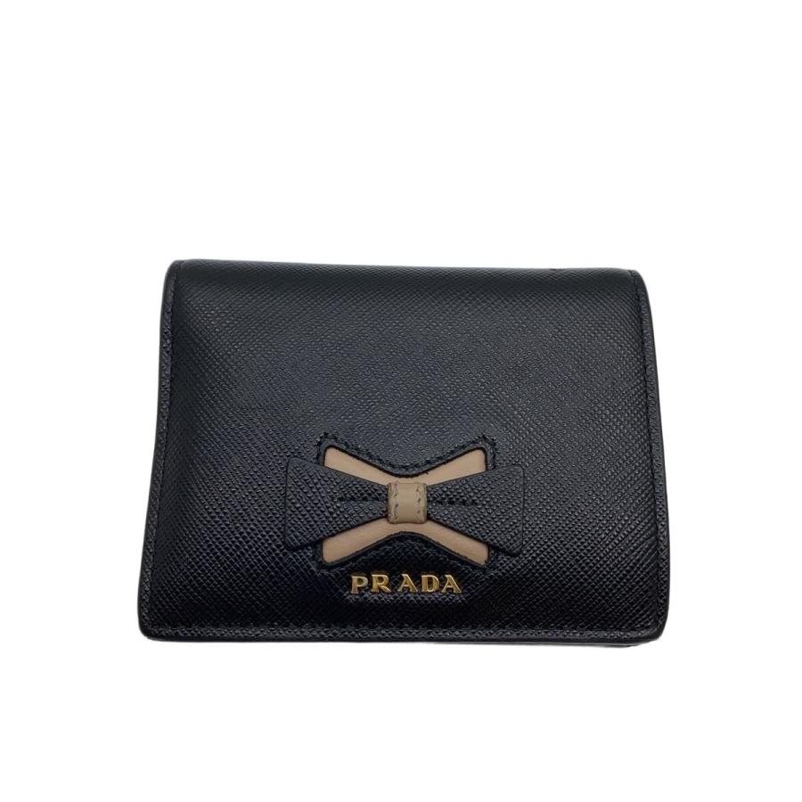 美品　PRADA ブラックレザー 二つ折り財布 PRADA◇2つ折り財布/レザー/BLK/無地/レディース// : セカンド