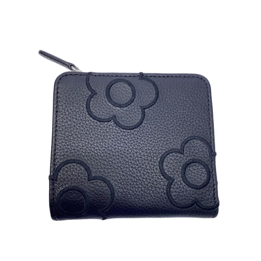MARY QUANT◇デイジー刺繍/2つ折り財布/レザー/BLK/総柄/レディース